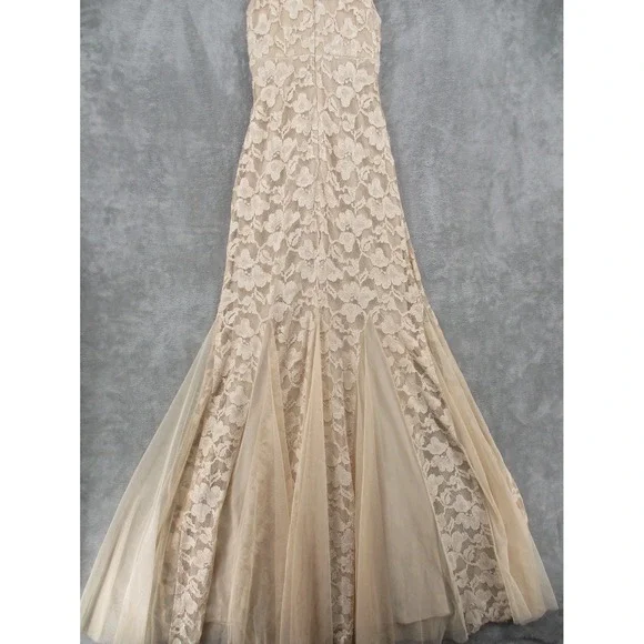 Xscape Dress Womens 4 Sheer Floral Lace Trumpet Gown Feminine Wedding Lined Tan - Picture 6 of 14